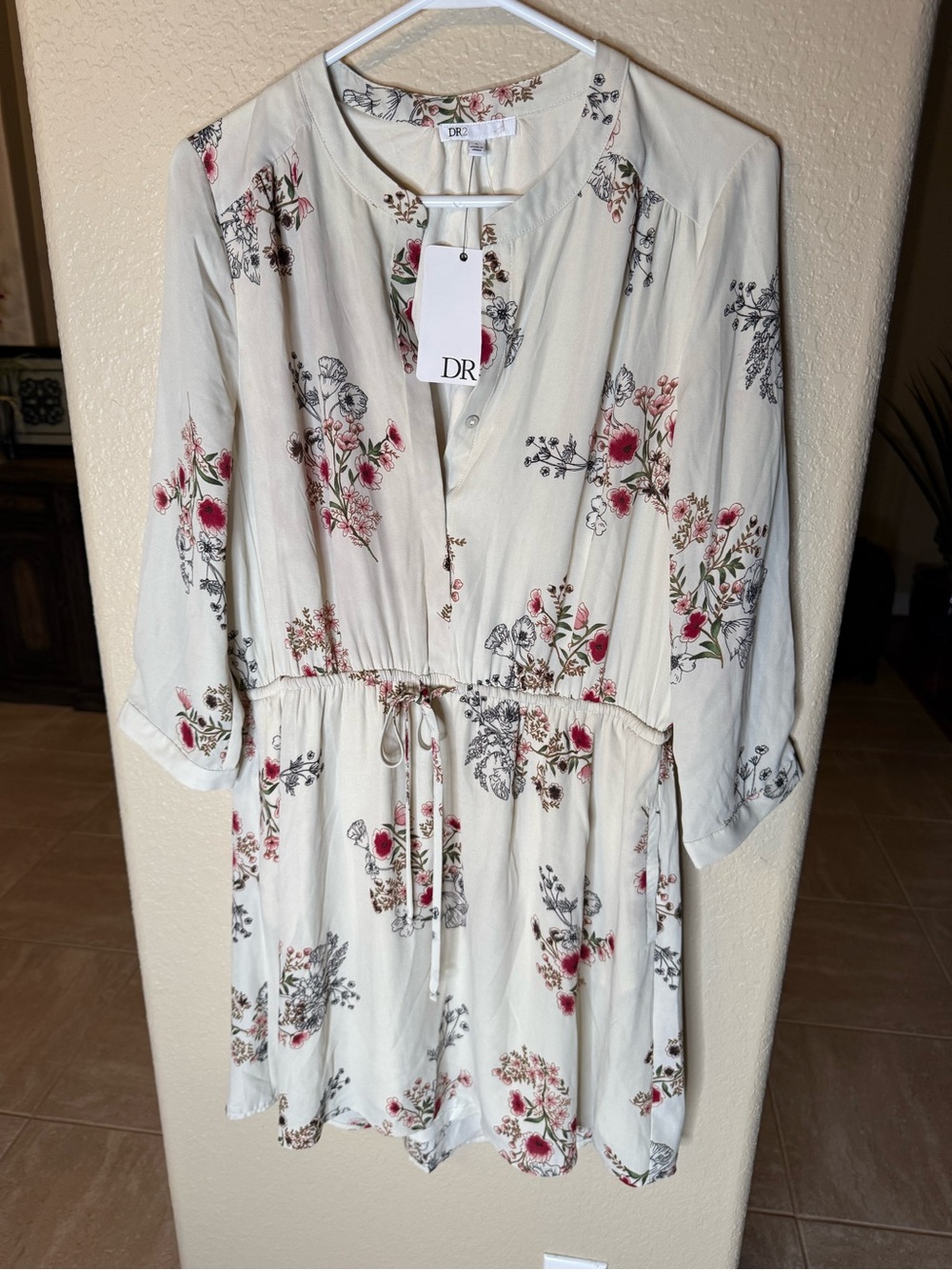 NWT DR2 L Dress Floral Cream Cottagecore Button-Front Lined Drawstring Short